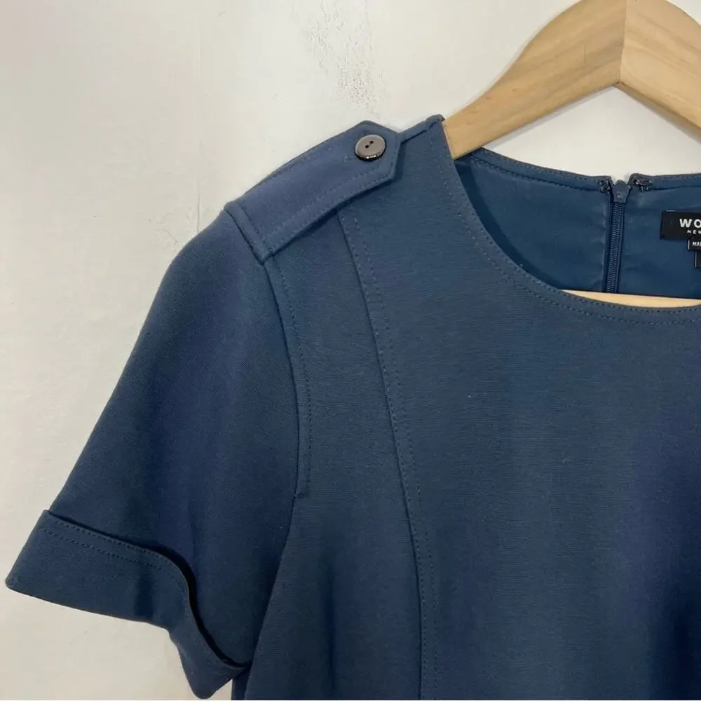 Worth New York Blue Zipper Front Ponte Knit Cuffed Short Sleeve Dress Size 6